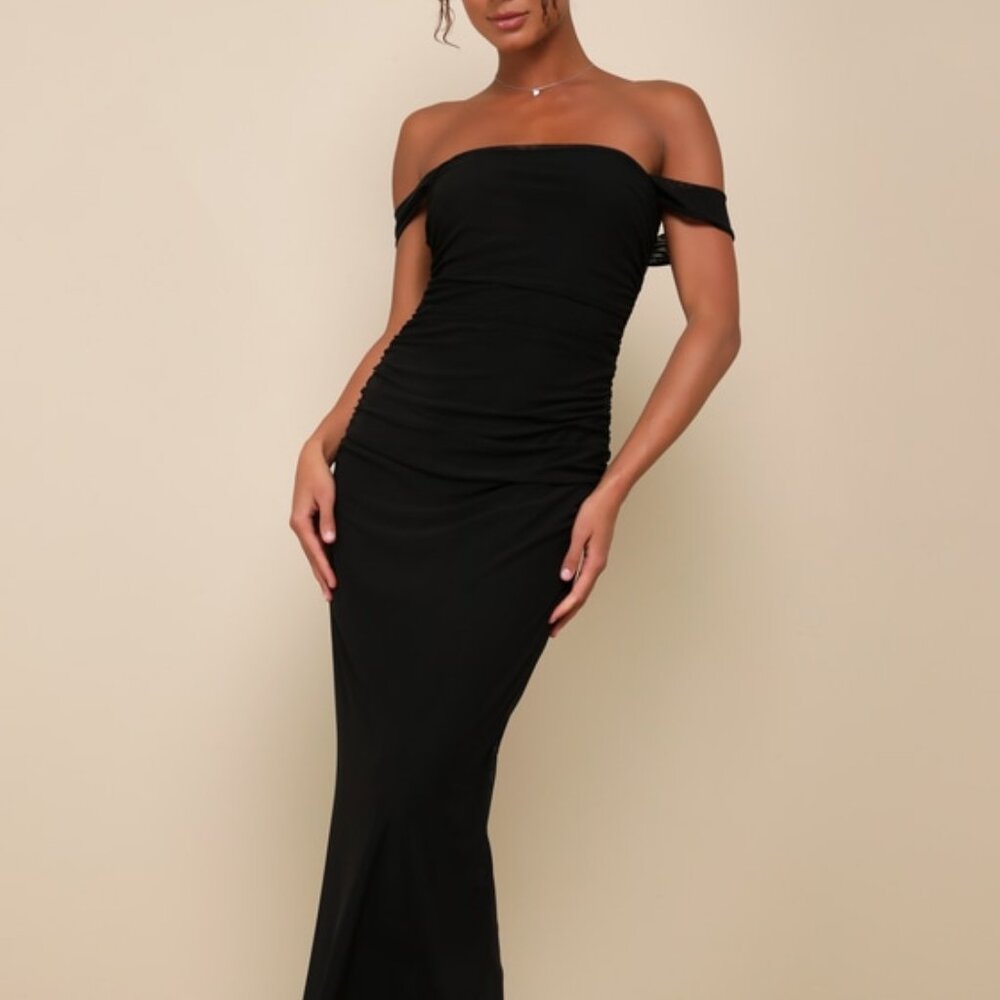 Lulus Amazing Presence Black Mesh Ruched Column Maxi Dress - Size XS